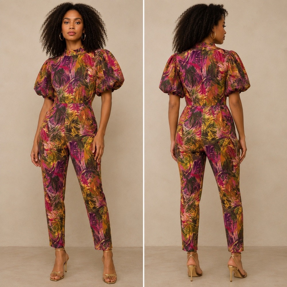 L 117 No. 1 Los Angeles L Abstract Print Puff Sleeve Fitted Jumpsuit Boutique - Picture 2 of 5